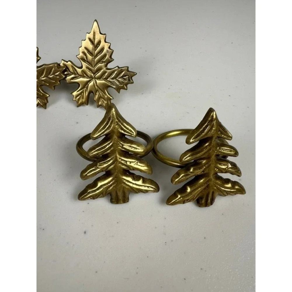 Vintage Brass‎ Napkin Rings Set of 6 Mixed Leaves and Christmas Trees Gold Tone